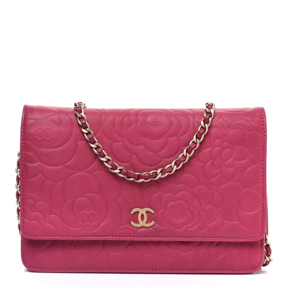 CHANEL  Lambskin Camellia Embossed Wallet on Chain WOC Fuchsia